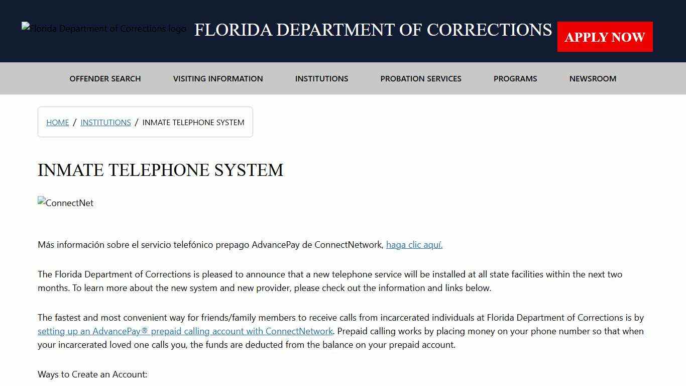 Inmate Telephone System / Institutions - Florida Department of Corrections